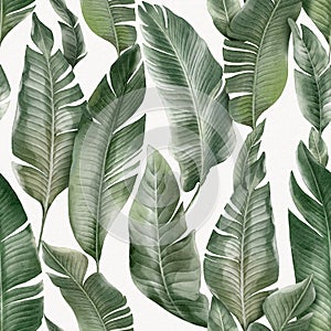 Seamless floral pattern with Banana palm leaves hand-drawn painted in watercolor style.