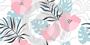 Seamless floral pattern.Beautiful background with pink flowers and tropical leaves.Vector illustration