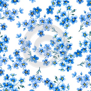 Seamless floral pattern of beautiful little blue forget-me-not flowers isolated on white background. Hand drawn watercolor