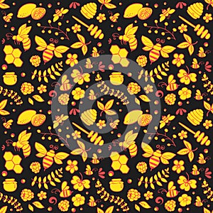 Seamless floral pattern with bees, honey, flowers, hive and other object.