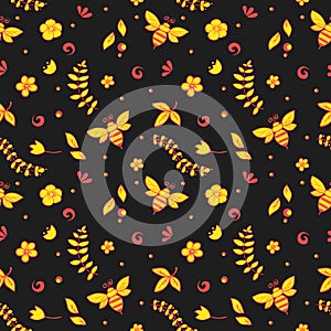 Seamless floral pattern with bees, honey, flowers, hive and other object. Khokhloma