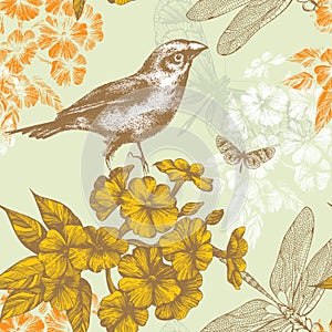 Seamless floral pattern with a bird flying butterf