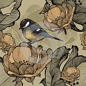 Seamless floral pattern with bird titmouse. Vector illustration. photo