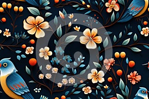 seamless floral pattern with birds and flowers