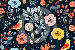 seamless floral pattern with birds and flowers