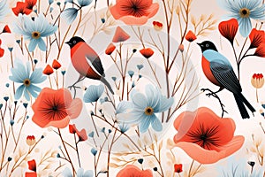 seamless floral pattern with birds and flowers