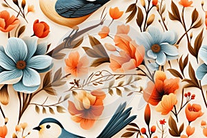 seamless floral pattern with birds and flowers