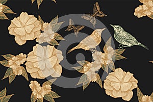 Seamless floral pattern with birds, roses and butterflies. Hand-drawn, vector illustration