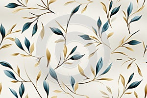 seamless floral pattern with blue and gold leaves on a beige background