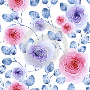 Seamless floral pattern of blue and pink roses with blur leaves on white background. Hand drawn watercolor