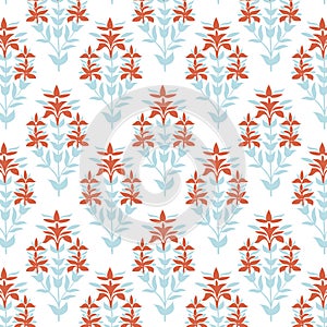 Seamless floral pattern. Blue and red damask flower background. Tile wrapping paper texture. Hand drawn vector