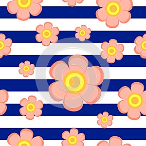 Seamless floral pattern with blue, white stripes