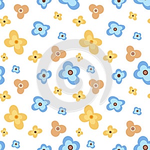 Seamless floral pattern with blue and yellow flowers, doodle style