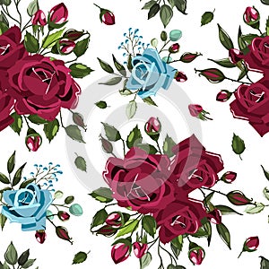 Seamless floral pattern with bordo burgundy navy blue rose flowers bouquets photo