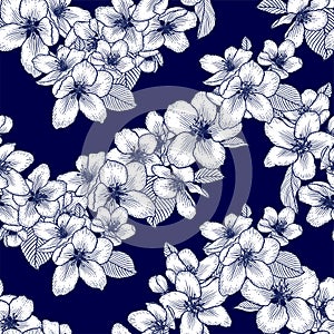 Seamless floral pattern, botanical vector background illustration in dark blue and white