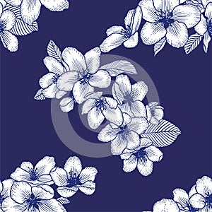 Seamless floral pattern, botanical vector background illustration in dark blue and white