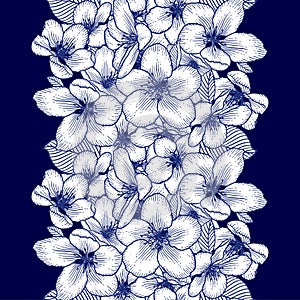 Seamless floral pattern, botanical vector background illustration in dark blue and white