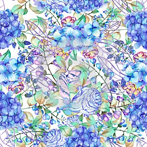 A seamless floral pattern with the bouquets of Hydrangea flowers, blue roses and leaves, painted in a watercolor on a white backgr