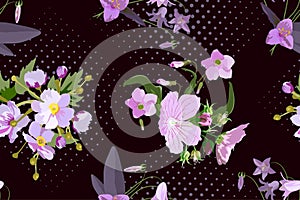 Seamless floral pattern of bouquets of pink flowers on black with dots background. Vector