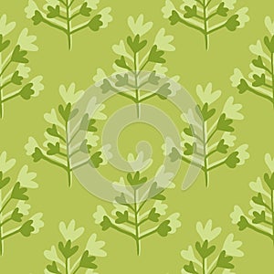 Seamless floral pattern with branch silhouettes in green and olive tones. Decorative simple backdrop