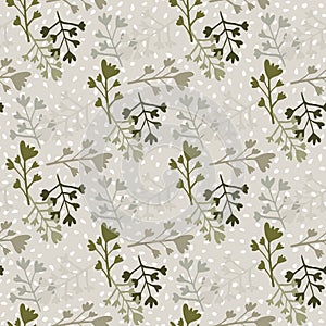 Seamless floral pattern with branch silhouettes in pale tones. Grey background with dots. Botanic ornament in brown and dark tones