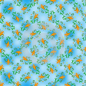 Seamless floral pattern of bright orange lilies, green leaves and curls, against a background of light and dark blue spots