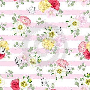 Seamless floral pattern with butterflies on pink stripes