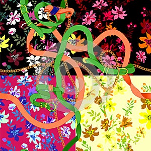 Seamless floral pattern with chains and belts. Vector patch whith flowers for scarfs, print, fabric