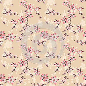 Seamless floral pattern with cherry blossom texture on beige