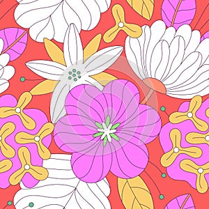 Seamless floral pattern of colorful abstract flowers with black stroke. Flat style. Surface design for fabric, wallpaper