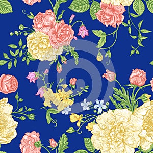 Seamless floral pattern with colorful flowers.