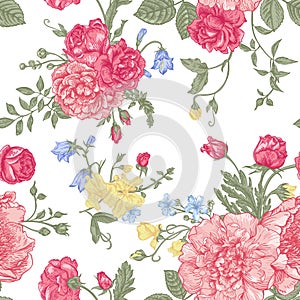 Seamless floral pattern with colorful flowers.