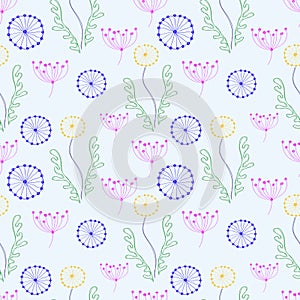 Seamless floral pattern. Colorful hand drawn background with different flowers and leaves