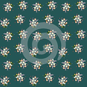 Seamless floral pattern composition small field flowers twigs berries leaves on green blueish background, fabric, tapestry, wallpa