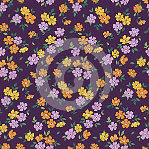 Seamless floral pattern, cute botanical design with tiny bouquets of small flowers, leaves. Vector.