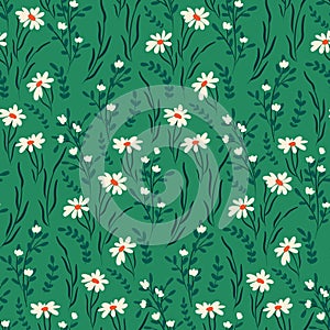 Seamless floral pattern, cute ditsy print with chamomile flowers on a green field. Vector.