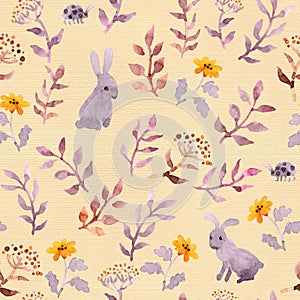 Seamless floral pattern - cute flowers, hand painted leaves and watercolor rabbits