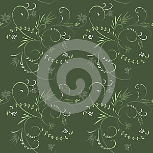 Seamless floral pattern dark green background from decorative flowers, leaves and curls