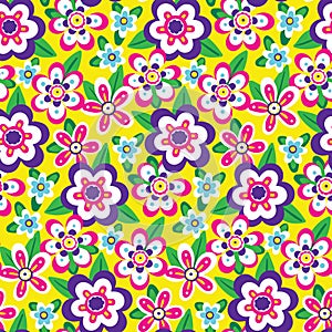 Seamless floral pattern with decorative daisy flowers in retro hippie style. Vector.