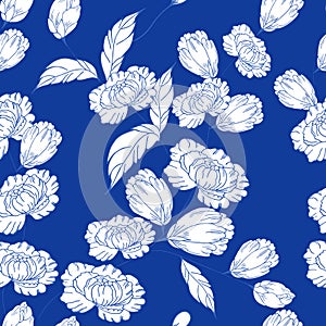 Seamless floral pattern. Decorative peonies, leaves and buds of hand drawing. For printing on fabric, paper, for scrapbooking,