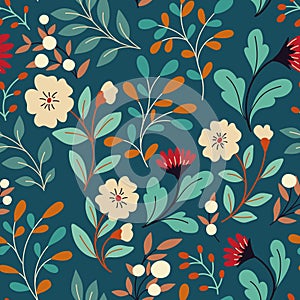 Seamless floral pattern with decorative winter botany: wild flowers, leaves, branches on blue. Vector.