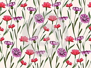 Seamless floral pattern, delicate botanical print with wild plants : watercolor flowers, leaves on white. Vector.