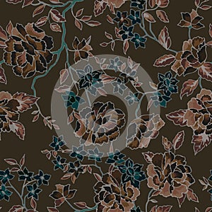 seamless floral pattern fabric print background. Ornamental brown garden flowers and blue leaves vintage illustration design