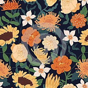 Seamless floral pattern with fall flowers. Endless design with gorgeous sunflowers, peony roses, clematises and