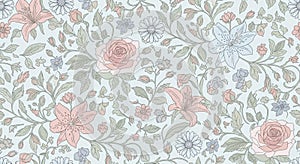 A seamless floral pattern features an array of flowers including roses, lilies, and