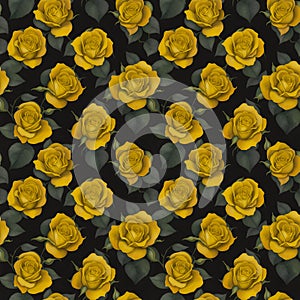 Seamless Floral Pattern flower pattern on black background. beautiful vintage yellow rose and decorative leaf silhouette. Black