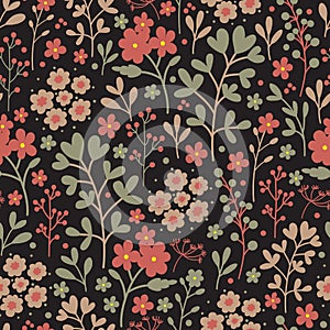 Seamless floral pattern with flowers on dark background. Vintage floral background. Vector illustration.