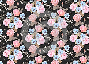 Seamless floral pattern with garlands of ligth pink roses, blue pansies and umbrella flowers on black background. Luxury print photo