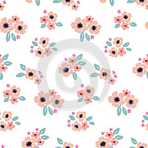 Seamless floral pattern, gentle liberty ditsy print with simple bouquets, small pink flowers on white. Vector.