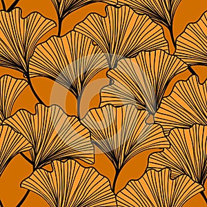 Seamless floral pattern with ginkgo biloba leaves. Art flowers on color background. Decorative sceleton leaf. Vector